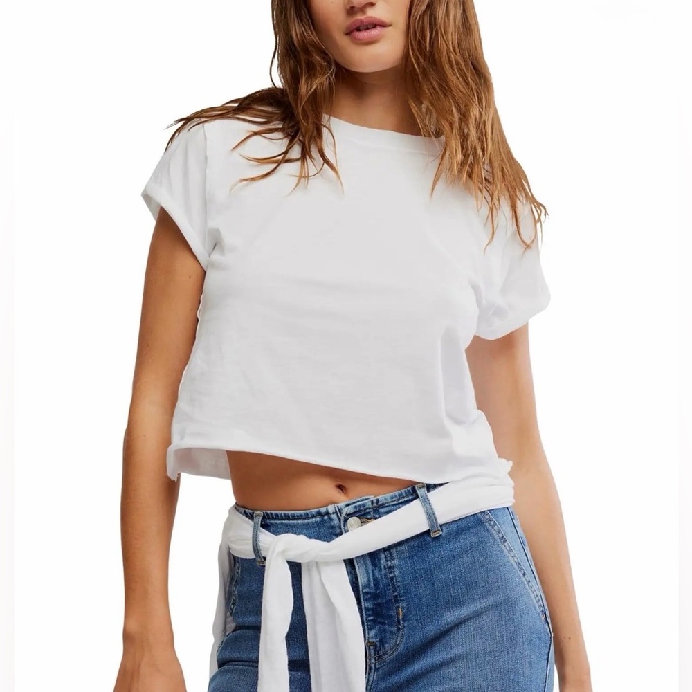 We The Free Crop Top Shirt White T-Shirt Basic Tee Rolled Sleeve Crew Women M